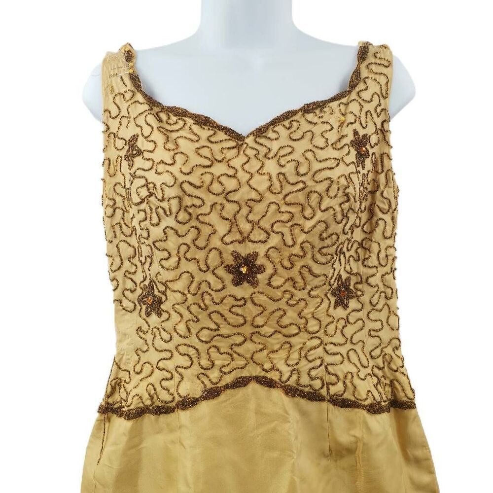 Vintage Gold Embellished Cocktail Dress with Satin Skirt & Back Train - Picture 3 of 9